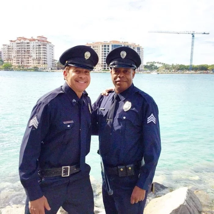 Sergeant Carey Mahone and Sergeant Larvell Jones from Police Academy in 1984 and 2019 - Mahoney, Police, Police Academy, Blue Oyster