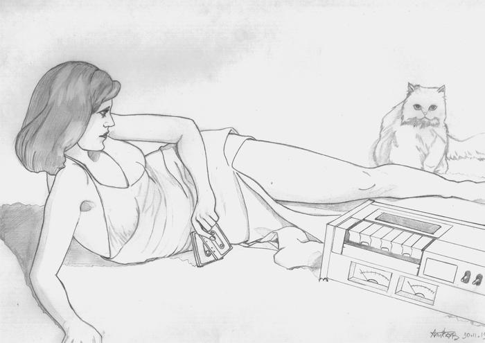 Girl, cat and music - My, Pencil drawing, Beautiful girl, cat