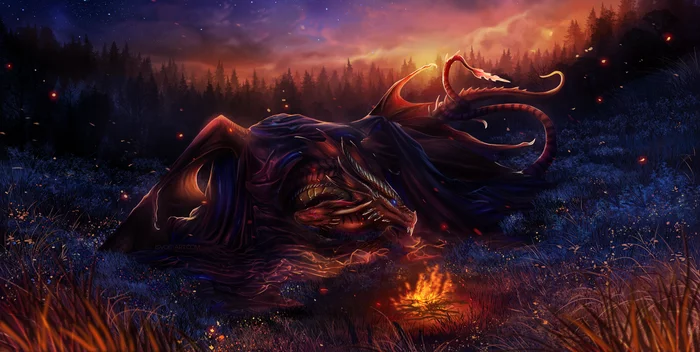 Sunset and bonfire - Art, The Dragon, Sunset, Fantasy, Leilryu