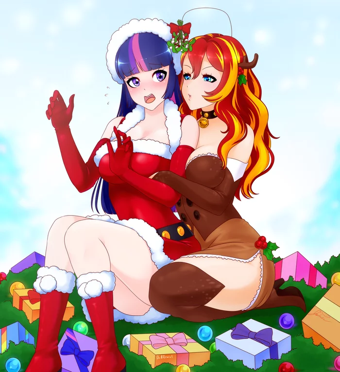 Holiday Mistletoe - My little pony, Humanization, Twilight sparkle, Sunset shimmer, MLP Lesbian, Draltruist, Jonfawkes, MLP Edge