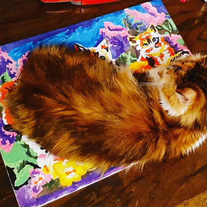 Fenimore and kittens - My, Tricolor cat, Kittens, Painting, cat