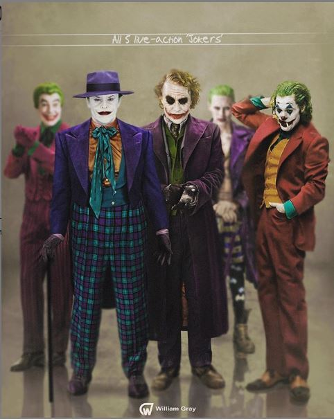 Jokers 1966-2019 - Joaquin Phoenix, Jack Nicholson, CГ©sar Romero, Dc comics, Jared Leto, William Gray, Joker, Heath Ledger