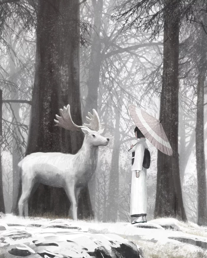 Forest meeting - Art, Drawing, Girls, Deer, Guweiz