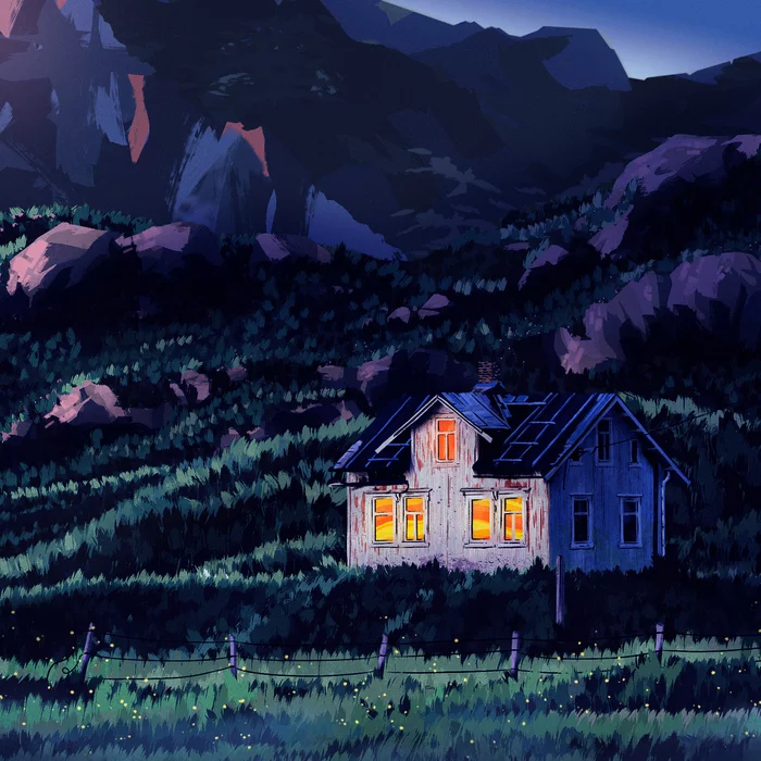 Almost dusk - My, Art, Drawing, House, an old house, Sunset, dust, Nature, The mountains