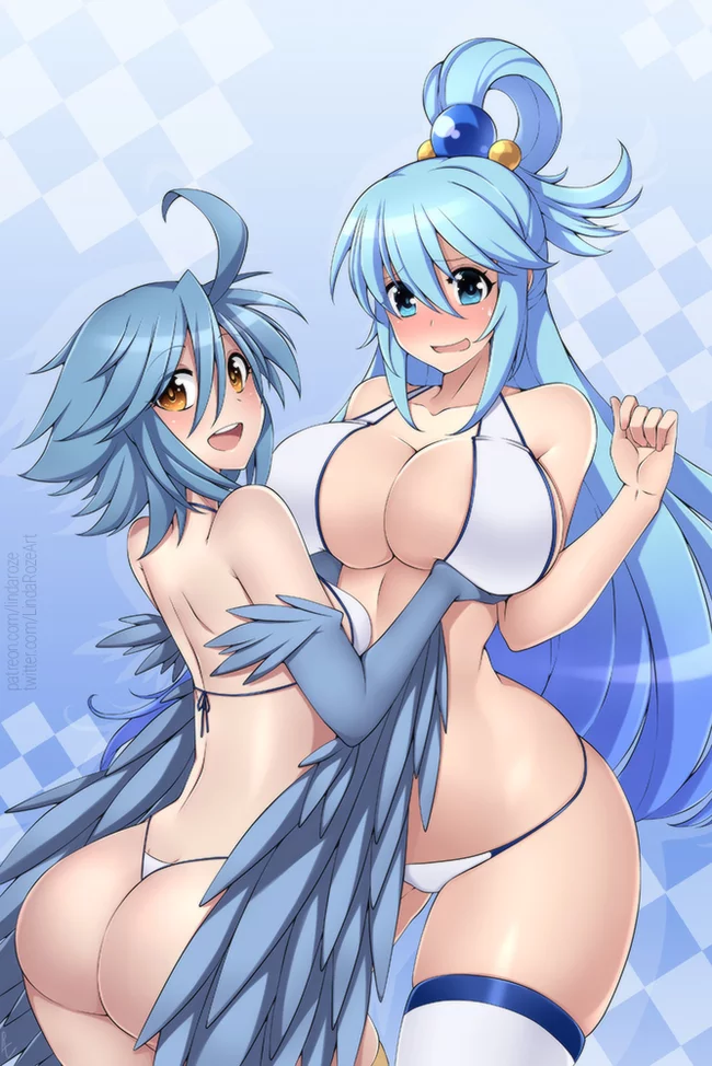 Sisters in mind - NSFW, Konosuba, Monster girl, Monster musume no iru nichijou, Anime, Aqua, Swimsuit, Breast