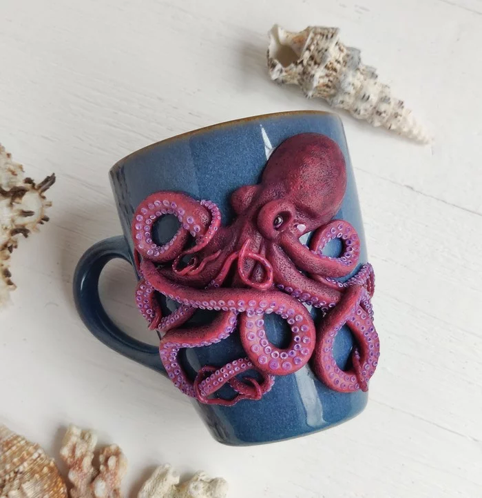 Cephalopod - My, Handmade, Needlework without process, Polymer clay, With your own hands, Octopus, Mug with decor, Longpost