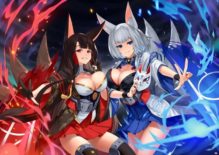 Akagi & Kaga - Аниме, Anime Art, Azur Lane, Akagi, Kaga, Animal Ears