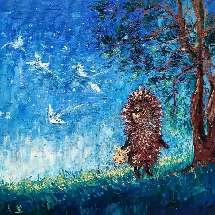 Hedgehog in the fog - My, Oil painting, Hedgehog in the fog, Painting, Cartoons, Story, Dream, Soviet cartoons, Painting