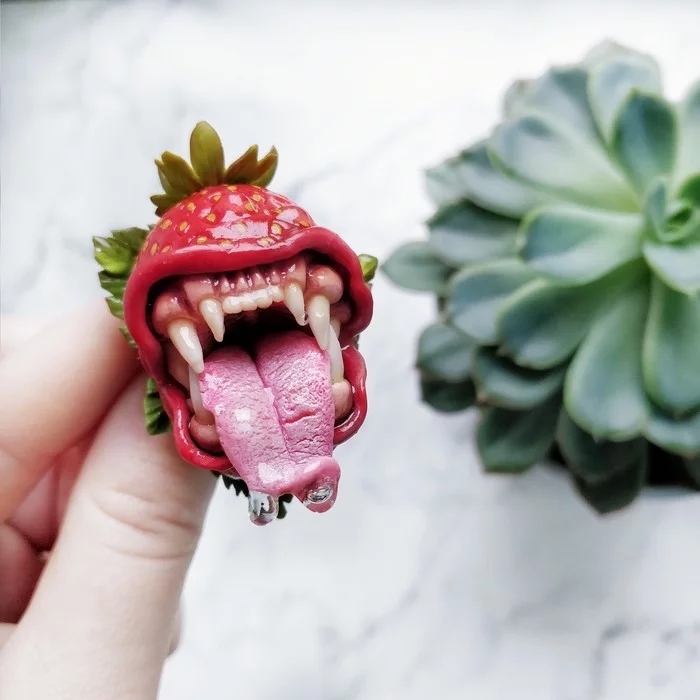 predatory strawberry - My, Handmade, Polymer clay, Toothflower, Strawberry, Longpost, Needlework without process, Strawberry (plant)