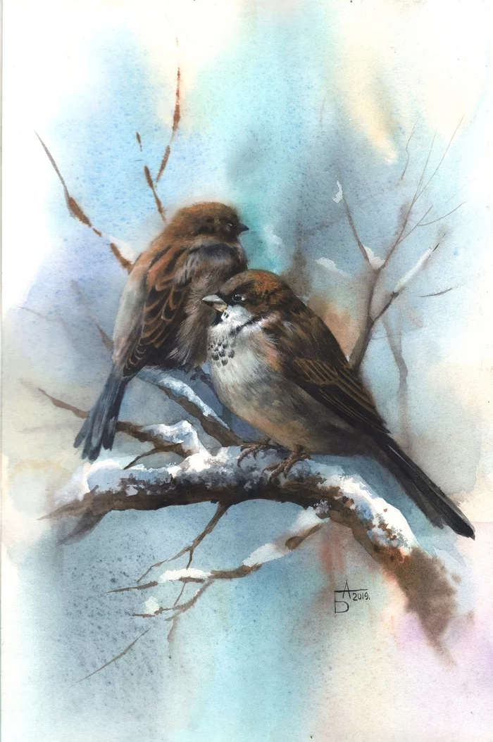 Birds - My, Painting, Creation, Watercolor, Birds, Artist, Creative, Winter, Longpost