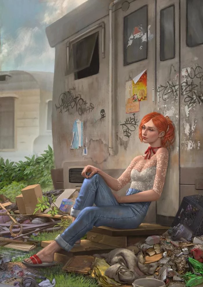 At the abandoned trailer - Art, Drawing, Girls, Trailer, 