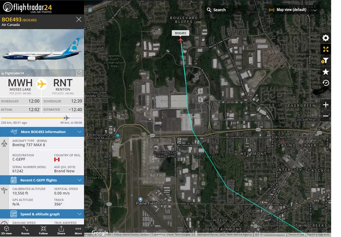 The 737 MAX was in the air again - My, Flightradar24, Boeing 737, Seattle