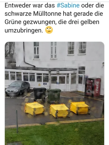 Either it was Hurricane Sabine, or the black trash made the green one kill off the three yellow ones - Germany, Humor, Comments, Picture with text