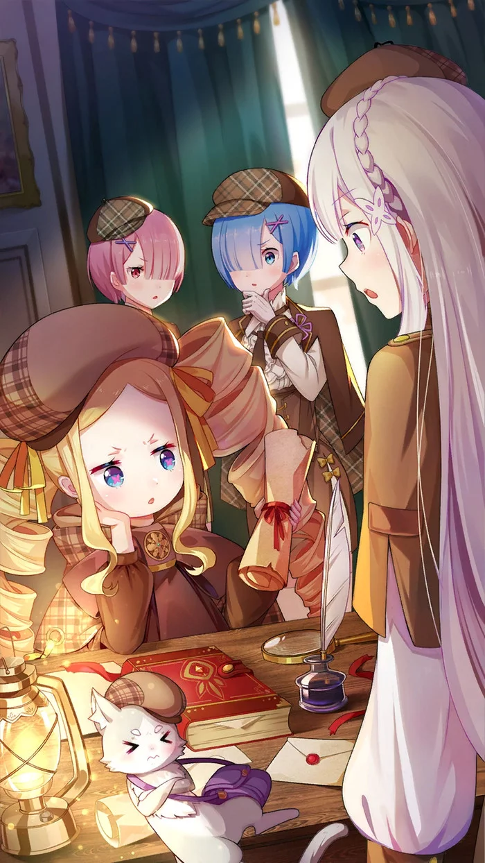 Solving the Mystery - Re:Zero Kara, Rem (Re:Zero Kara), Ram (Re:Zero Kara), Emilia, Anime Art, Puck, Beatrice, Аниме, Длиннопост