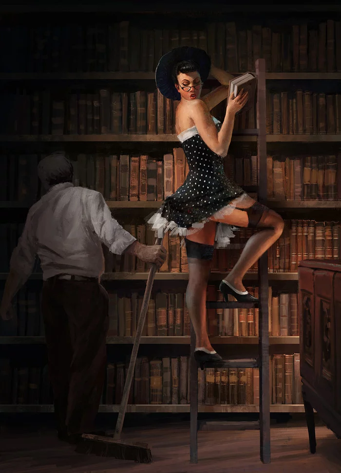 In library - Art, Library, Girls, Pin up, Awkward moment, Andrey Bakulin