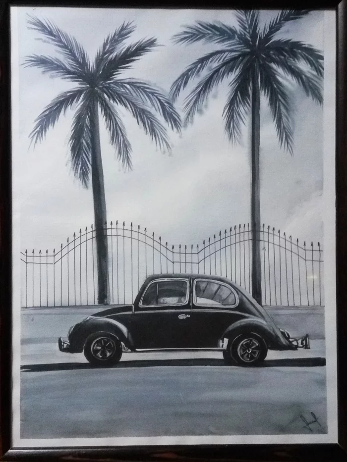 Volkswagen Beetle - My, Volkswagen, Car, Black and white, Watercolor, Art