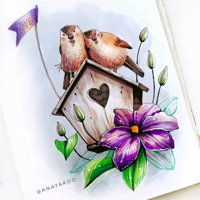 Spring is coming - My, Birdhouse, Sparrow, Birds, Spring, Alcohol markers, Liner, Sketch, Sketchbook