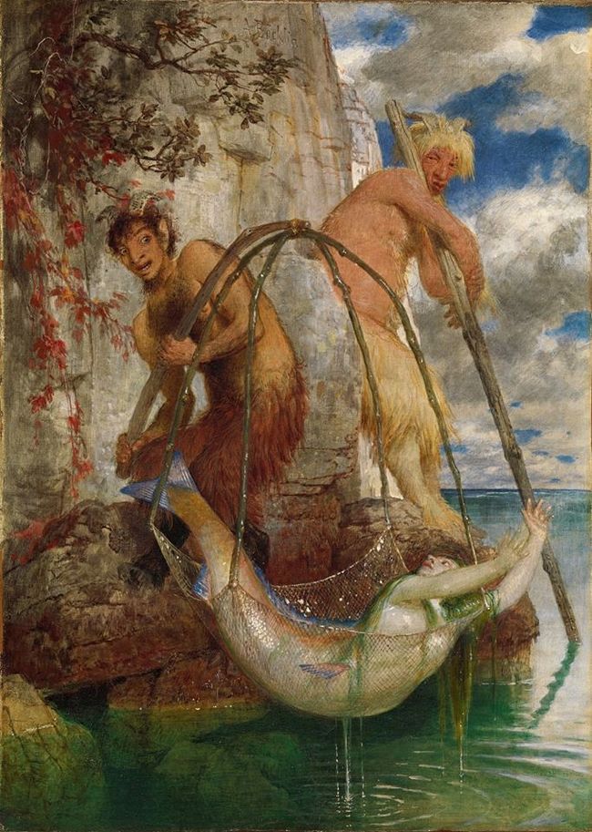 Two fishing pans - Painting, Fishing, Mermaid, Satyr, Sea