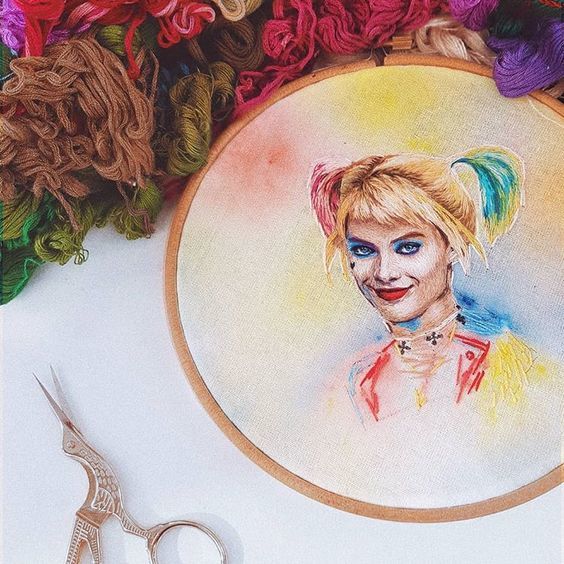 My embroidery (continued) - My, Satin stitch embroidery, Portrait, Johnny Depp, Harley quinn, Margot Robbie, Needlework without process, Longpost, With your own hands