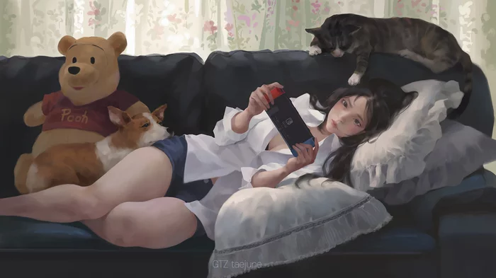 Rest - Art, Drawing, Girls, Sofa, cat, Dog, Nintendo switch, Soft toy, Gtztaejune