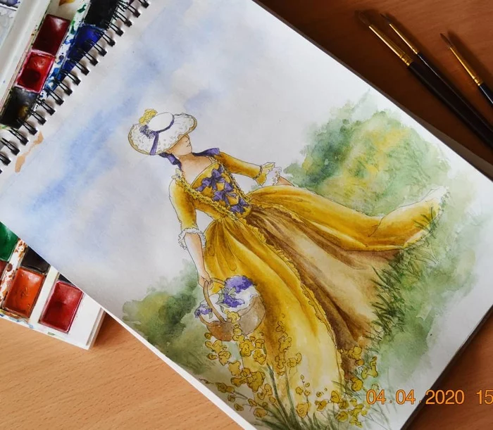 Since I can’t go out into the field in such a dress to pick flowers, I’ll sublimate and draw! - My, Watercolor, Sketch, Sketchbook, Costume