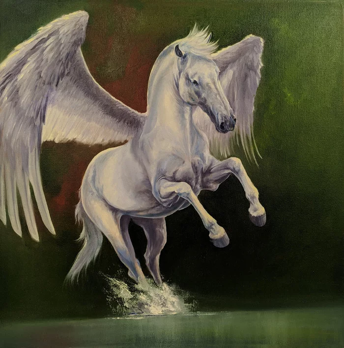 This time a horse - My, Pegasus, Drawing, Oil painting, Longpost