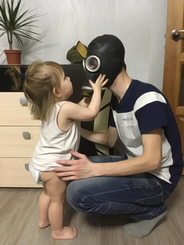 Oil painting “Daughter accompanies her father to Pyaterochka, 2020” - My, Daughter, Father, The photo, Coronavirus, Score, Humor, Children, Mask