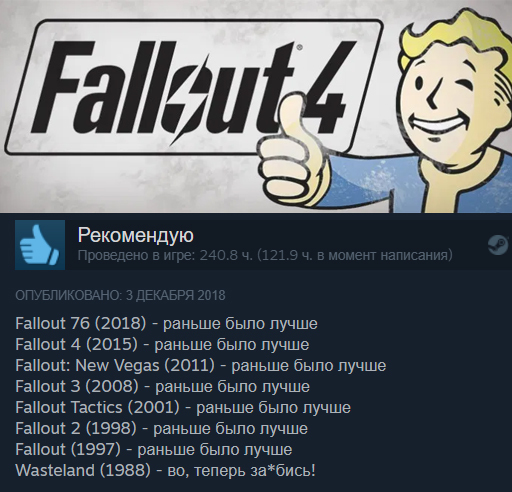 Funny reviews on Steam (part 6) - My, Games, Fallout, Fallout 2, Fallout 3, Fallout: New Vegas, Fallout 4, Humor, Screenshot, Longpost