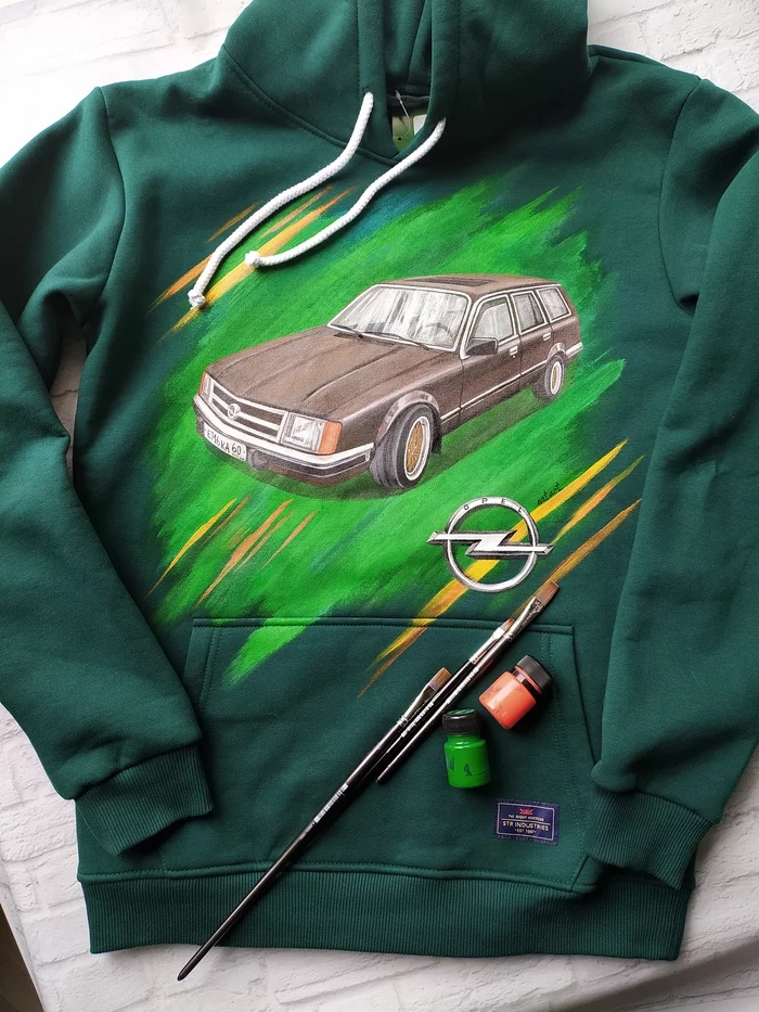 Opel. Sweatshirt hand-painted with special textile paints - My, Handmade, Painting on fabric, Auto, Car, Needlework without process, With your own hands, Longpost