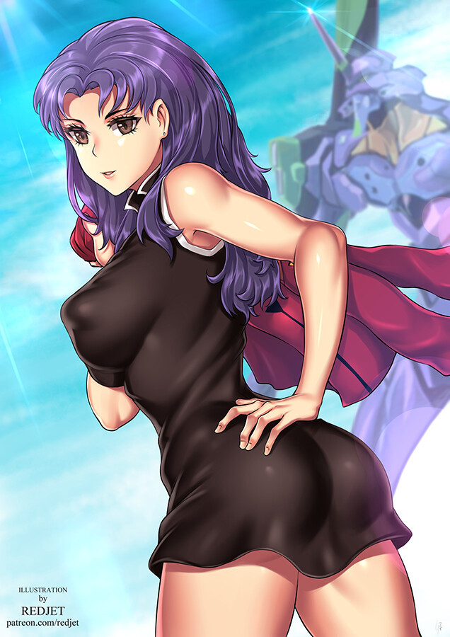 Misato Katsuragi - NSFW, Misato Katsuragi, Evangelion, Anime Art, Длиннопост, Аниме, Купальник