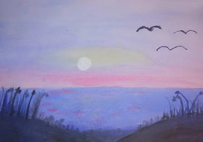 My third regular drawing - My, Art, Creation, Drawing, Gouache, Landscape, Evening, Sunset, Pond