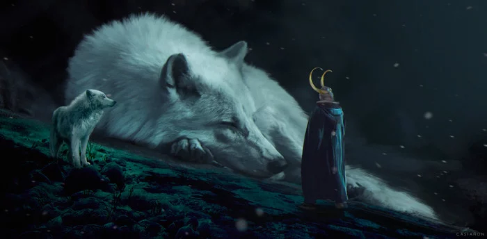 Preparation for Ragnarok: Loki came to wake up Fenrir - Art, Scandinavian mythology, Fenrir, Loki, Luis Alvarez Castanon