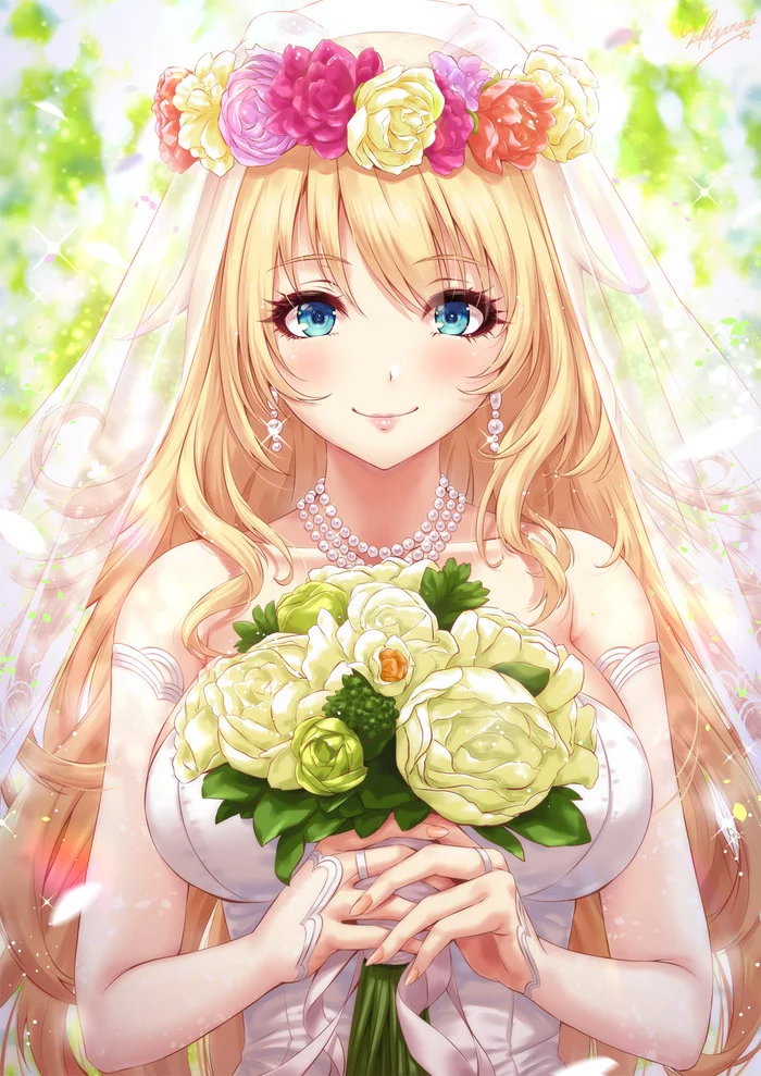 Atago's Marriage (artist: Sakiyamama) - Anime, Anime art, Kantai collection, Atago, Wedding Dress, Sakiyamama