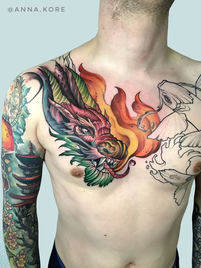 A little new school - My, The Dragon, Carp, Japan, New School, Art, Tattoo, Tattooink