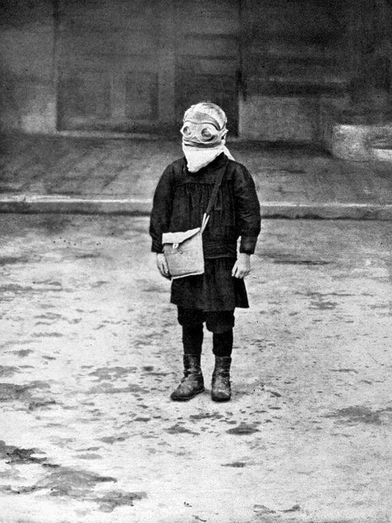 A boy goes to school, Reims, France, 1916 - Old photo, Retro, Mask, Boy