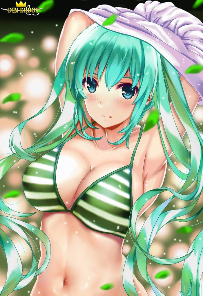 Green with white stripes - NSFW, Hatsune Miku, Anime art, Swimsuit, Vocaloid