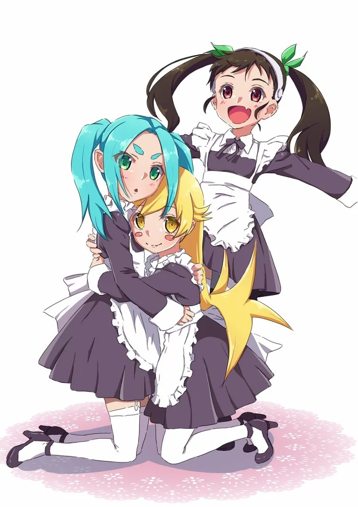 Are you sad? Come I will give you a hug) - Anime art, Loli, Monogatari series, Shinobu oshino, Hachikuji Mayoi, Yotsugi ononoki, Zettai ryouiki