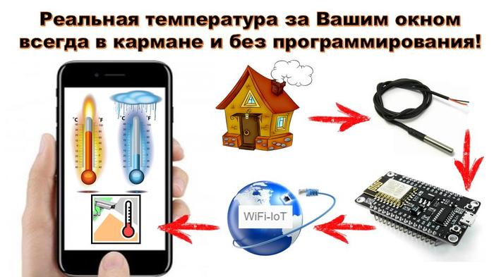 The temperature outside your window in your pocket - it's easy! Without programming - in 30 minutes. (ESP8266 + DS18B20 + WiFi-iot + NarodMON) - My, Temperature, Weather, Esp8266, Nodemcu, , Weather station, Video, Longpost, Tag