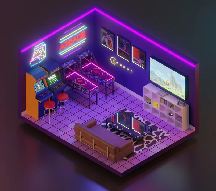 Arcade Room in Blender - Моё, Blender, Аркадные игры, 3D моделирование, 3D графика, 3D, Комната, Старательность, Видео, Длиннопост