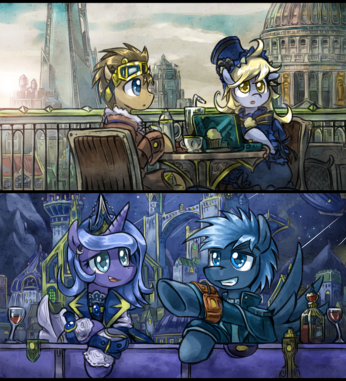 Before and after sunset - My little pony, Princess luna, Derpy hooves, Doctor Whooves, Original character, Steampunk