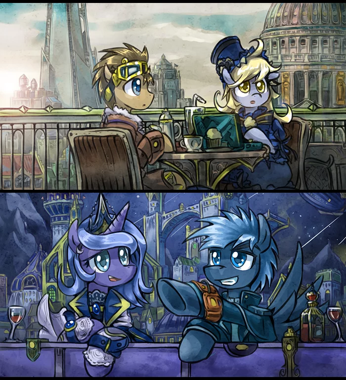 До и после заката - My Little Pony, Princess Luna, Derpy Hooves, Doctor Whooves, Original Character, Стимпанк