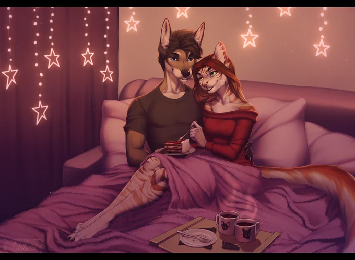 Cozy birthday - Furry, Art, Bed, Nelly63, Food, Romance