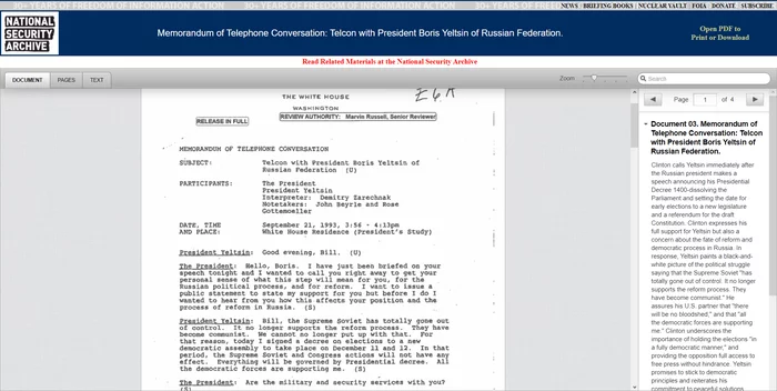 Record of telephone conversation between Yeltsin and Clinton declassified in the United States - Story, Politics, Russia, USA