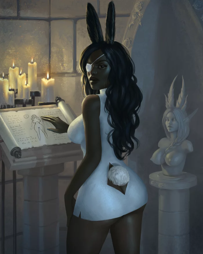 Black Bunny - NSFW, Арт, Девушки, Эротика, Рисованная эротика, Негры, Попа, Bunnysuit, Без трусов