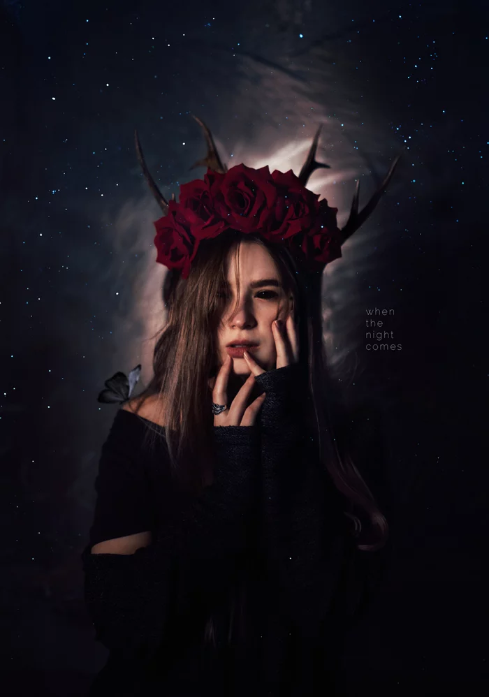 When night comes - My, Beautiful girl, The photo, Photoshop, Portrait, Demon, Space