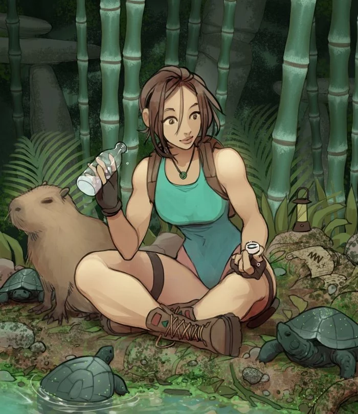 Lara and her friends^^ - Art, Tomb raider, Lara Croft, Capybara, Turtle, Vashperado