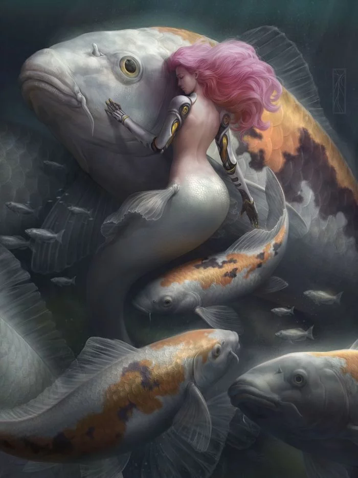 Carps - Art, Drawing, Mermaid, Bionic prosthesis, Koi carps, Kotikomori, A fish