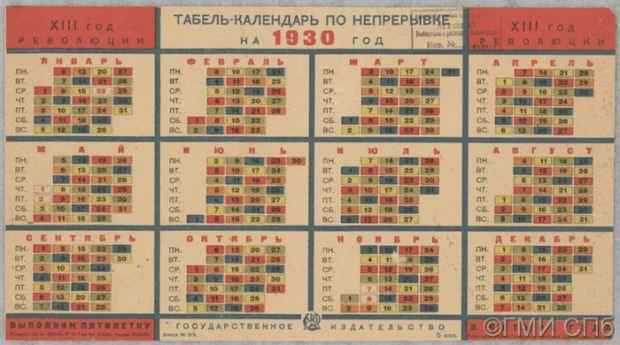 Continuous calendar, USSR, 1930 - Work week, The calendar, the USSR, 1930