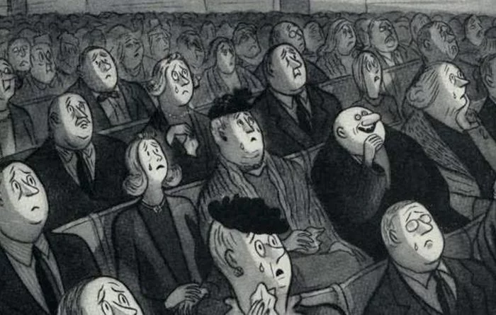 Fester Addams at the cinema - Charles Addams, Caricature, The Addams Family, Fester Addams