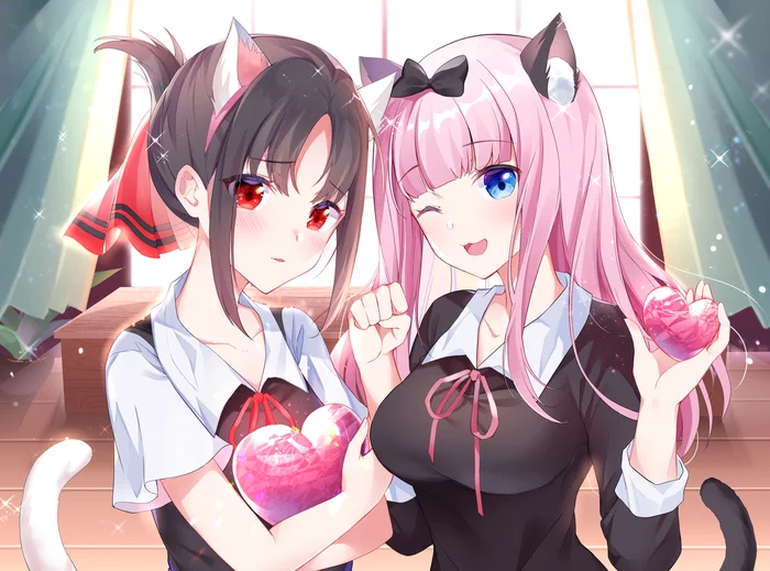 Kagunya and Chikanya - Kaguya-Sama wa Kokurasetai, Shinomiya kaguya, Fujiwara chika, Anime art, Anime, Neko